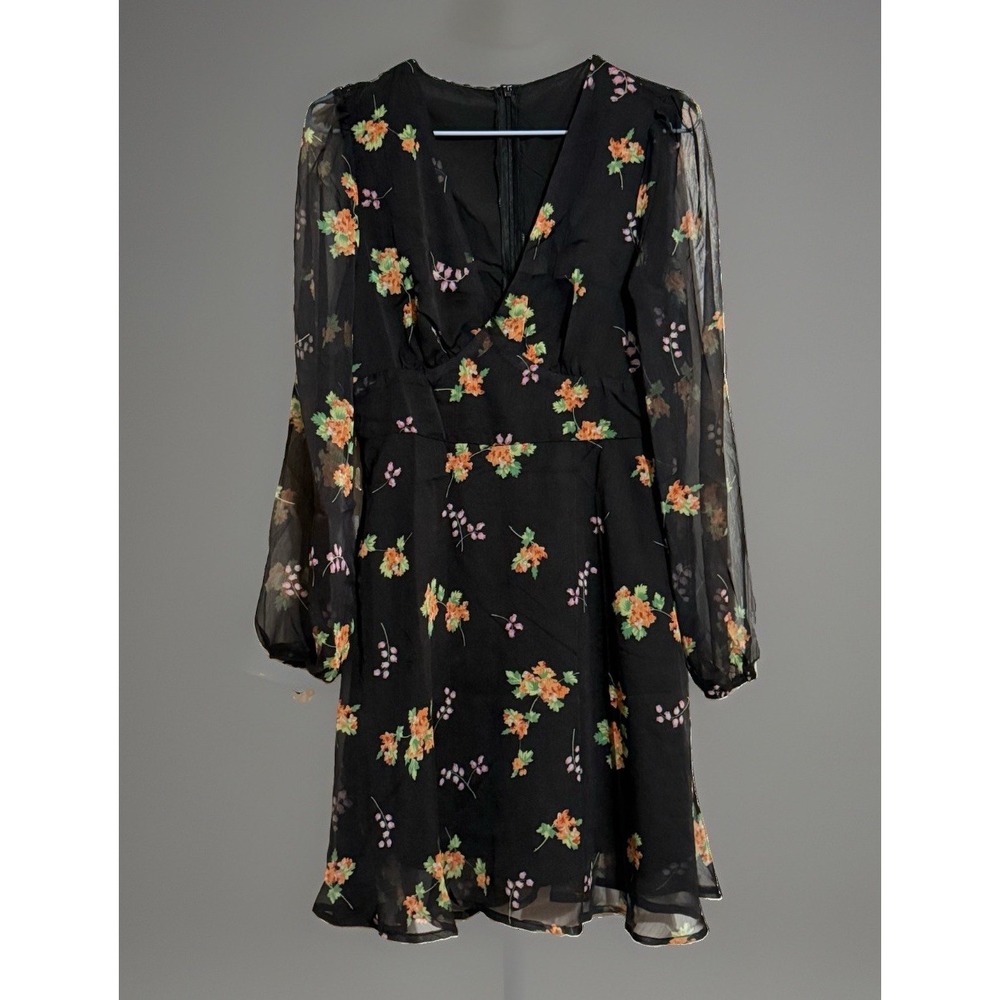 L0288-Cupshe Realm Of Sky Floral Chiffon Mini Dress Black Floral Long Sleeve